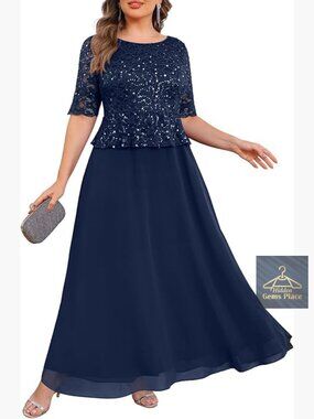 Plus Size Formal Dress Sequin Lace Bodice Long A-Line Wedding Guest